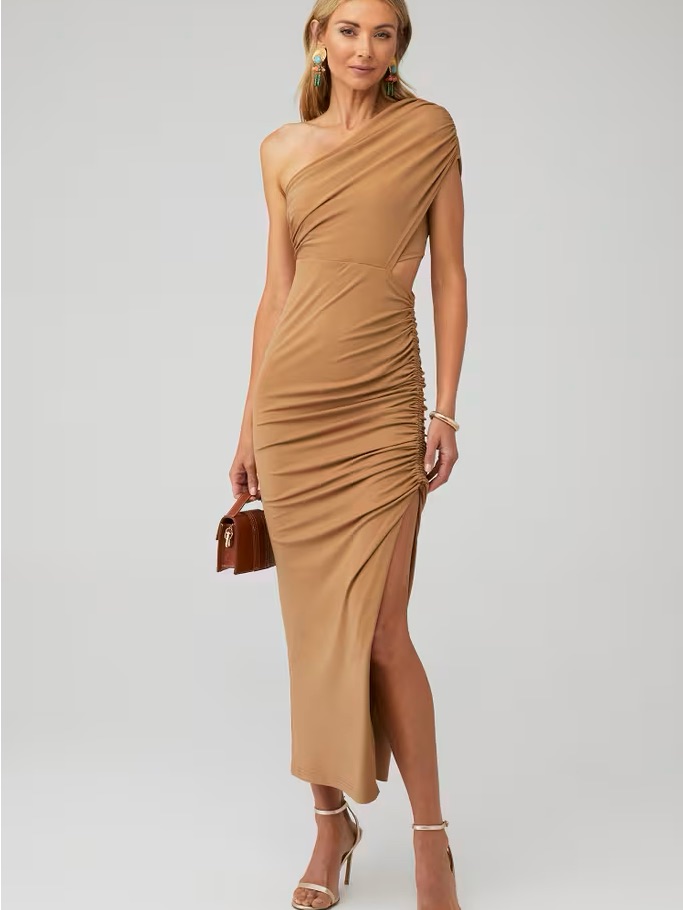 Significant Other - One-Shoulder Ruched Midi Dress In Camel